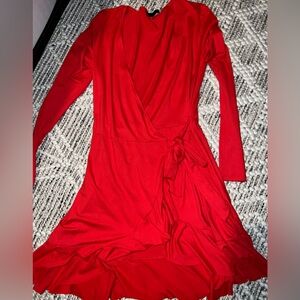 Bright Red Cross body wrap long sleeve dress